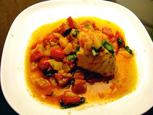 Molly Stevens’ braised monkfish with cherry tomatoes & basil