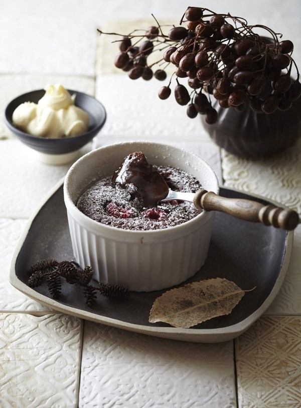 Molten chocolate and raspberry puddings