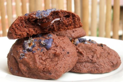 Molten chocolate centred cookies with candied violets
