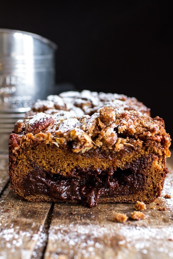 Molten chocolate pumpkin + oatmeal streusel bread…heavy on the chocolate + streusel