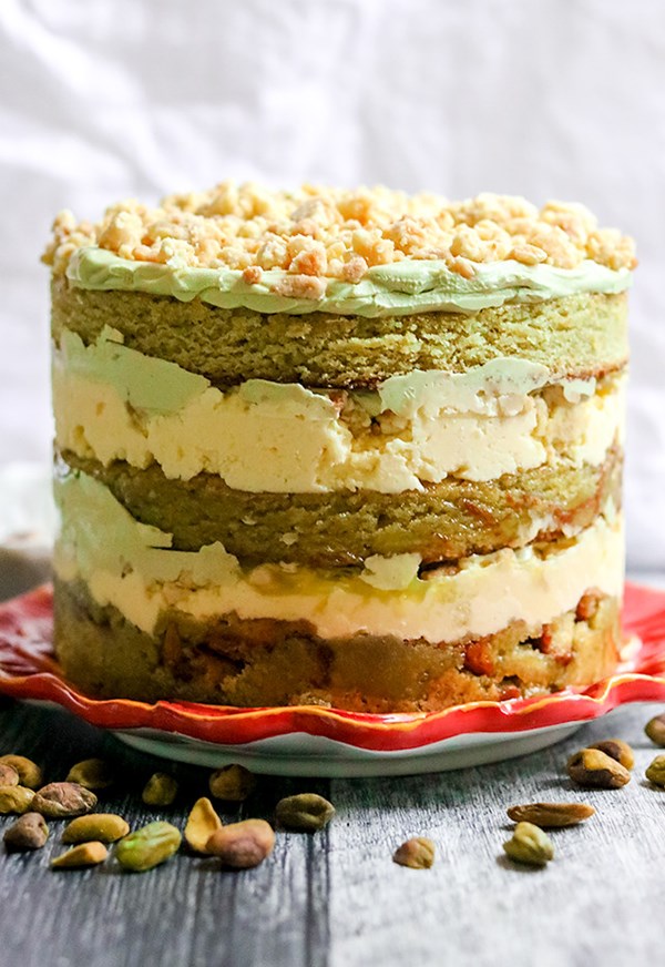 Momofuku Milk Bar pistachio layer cake [pistachio cake, lemon curd, milk crumb, pistachio frosting]