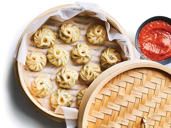 Momos with red chile chutney