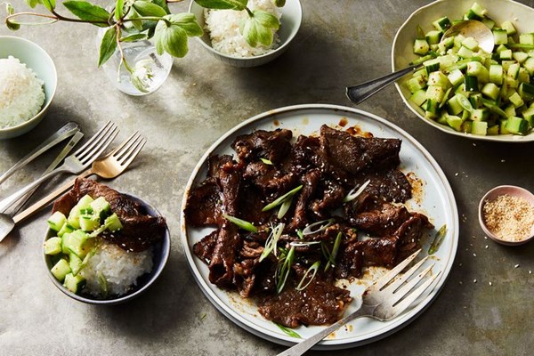 Mom's bulgogi with cucumber kimchi salad
