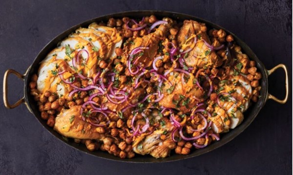 Mom's chicken with turmeric tahini, chickpeas, and onions