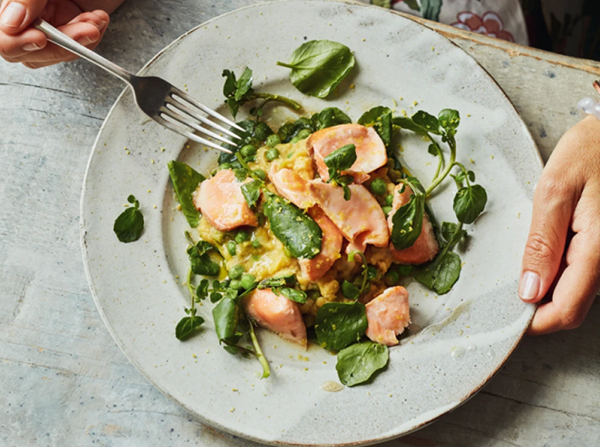 Monday night salmon with chickpeas, peas & watercress