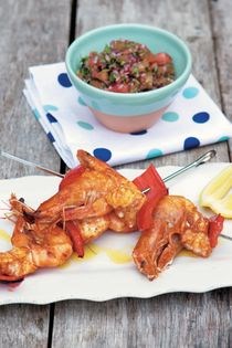 Monkfish and prawn skewers with coriander salsa