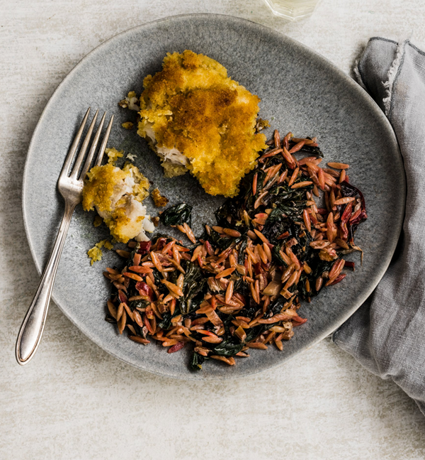 Monkfish cutlets with orzo