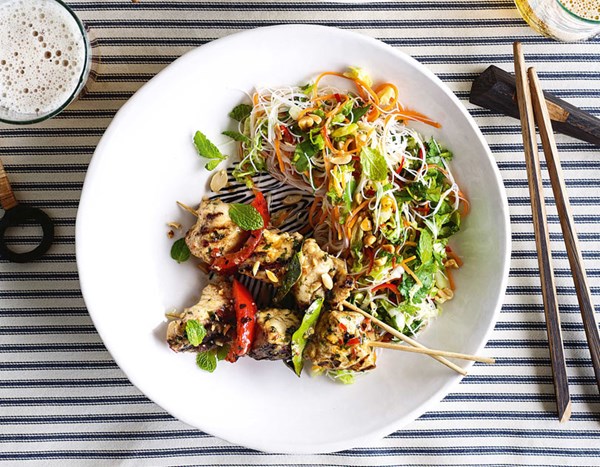 Monkfish kebabs with Thai noodle salad