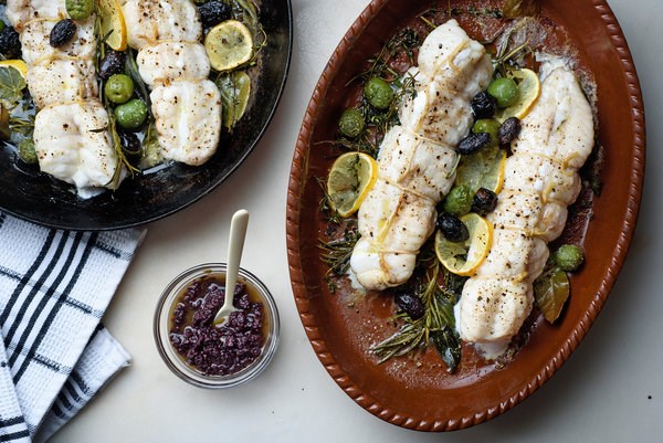Monkfish roasted with herbs and olives