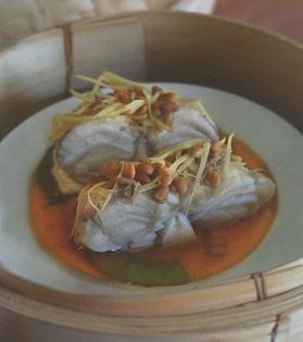 Monkfish steamed with ginger and yellow beans on tomato basmati rice