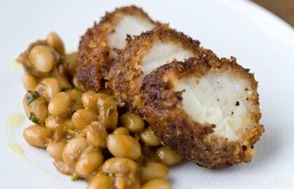 Monkfish with chorizo crust and spiced beans