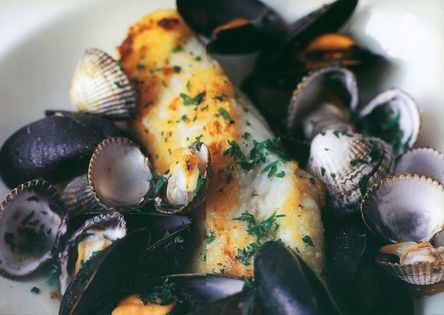 Monkfish with cockles and mussels