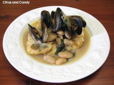 Monkfish with mussels, sherry and butter beans