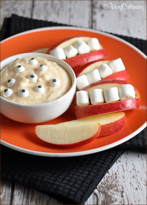 Monster fruit dip with apple mouths