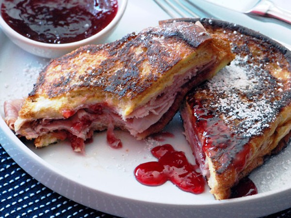 Monte Cristo sandwich (fried ham and Swiss with red currant jelly)