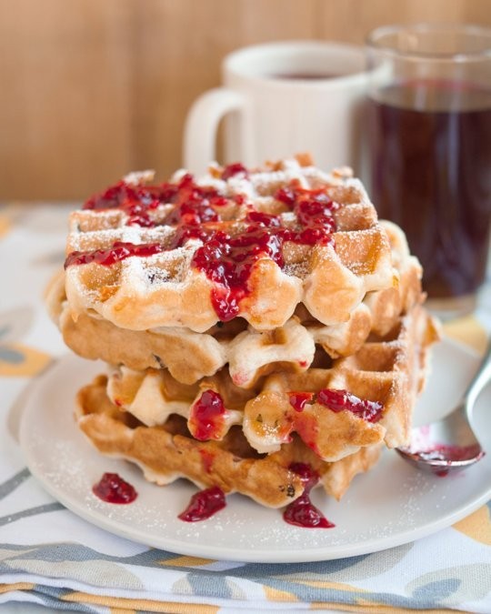 Monte Cristo waffles with warm raspberry sauce