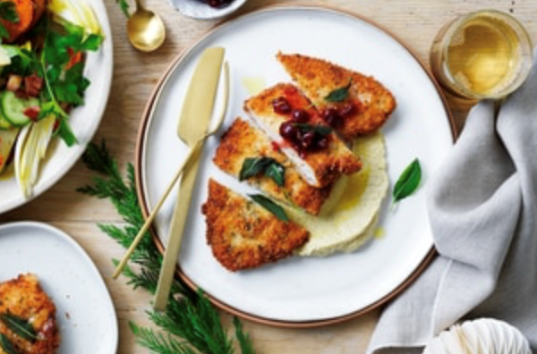 Monty's Christmas stuffing-crusted turkey with spiced cranberry sauce and eggnog soubise