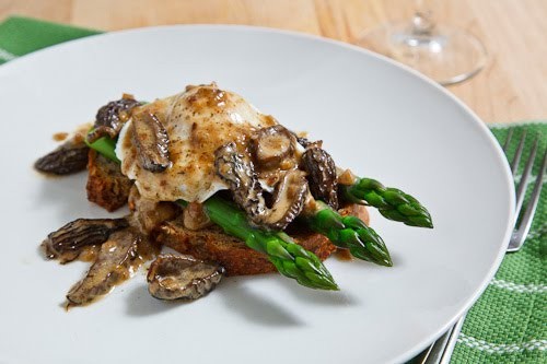 Morel mushroom and asparagus eggs Benedict