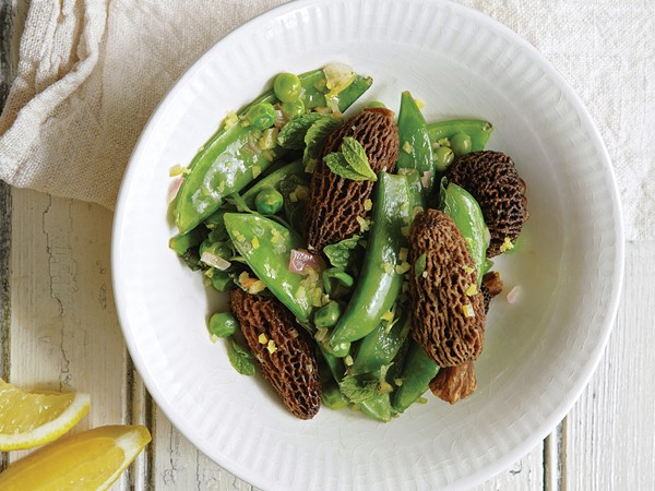 Morels with mint, peas, and shallot