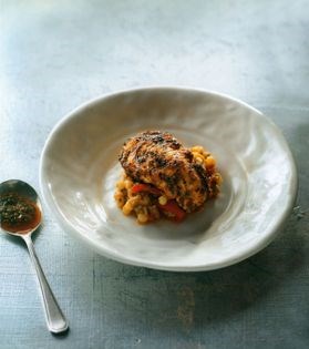 Moreton Bay bugs marinated in chermoula with couscous, eggplant & capsicum