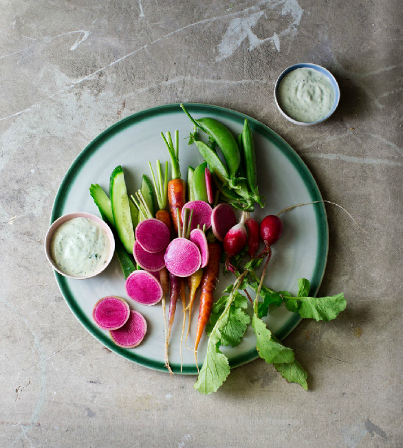 Morning crudités with green goddess dipping sauce