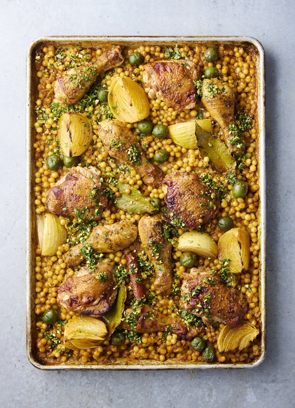 Moroccan baked chicken with pearl couscous
