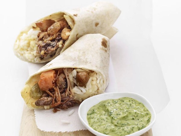 Moroccan burritos with tahini herb sauce