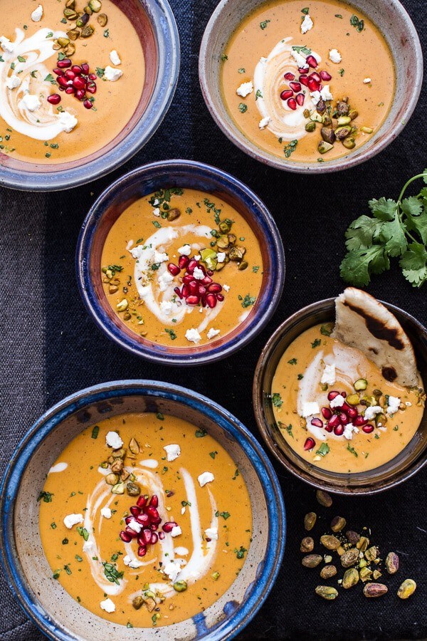 Moroccan butternut squash and goat cheese soup w/coconut ginger cream + pistachios