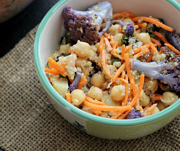 Moroccan carrot and chickpea salad with dried plums, quinoa, and toasted cumin vinaigrette