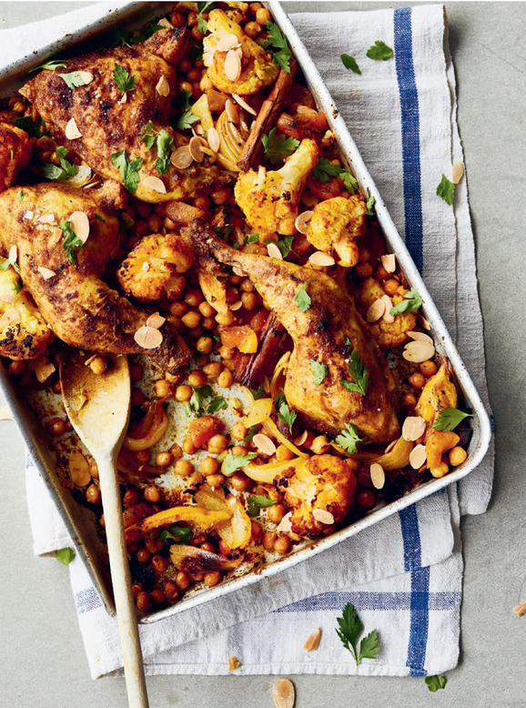Moroccan chicken & cauliflower traybake