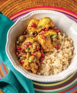 Moroccan chicken breasts with cauliflower, green olives, and pomegranate seeds