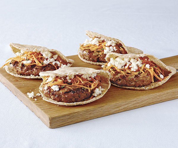 Moroccan chicken burgers with feta and carrot slaw