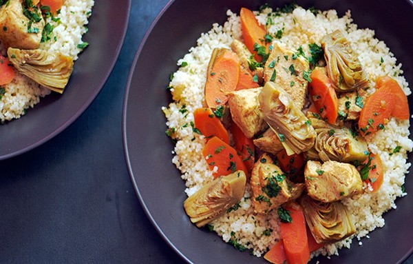 Moroccan chicken stew with artichoke hearts and carrots