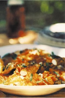 Moroccan chicken with tomatoes and saffron-honey jam