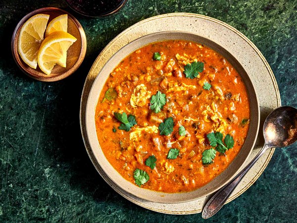 Moroccan egg drop vegetable and legume soup (Harira)