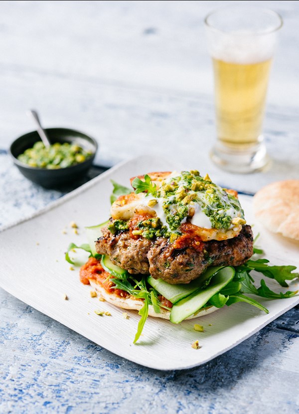 Moroccan lamb burgers, grilled haloumi and pistachio salsa