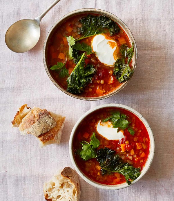 Moroccan lentil and carrot soup with crispy kale