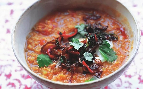 Moroccan lentil soup with yogurt and chilli-fried onions