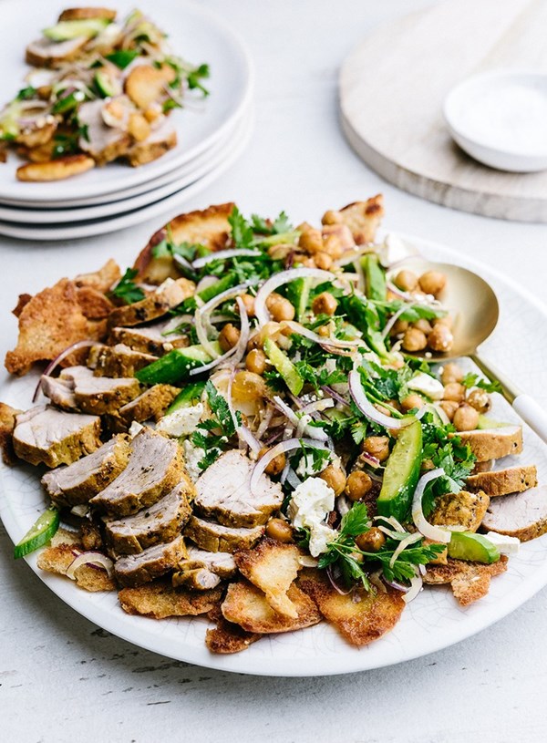 Moroccan pork with crispy Lebanese bread and herb salad