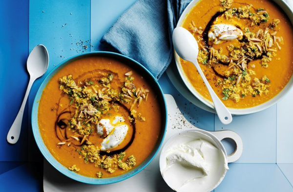 Moroccan roast carrot soup with spiced couscous and labneh