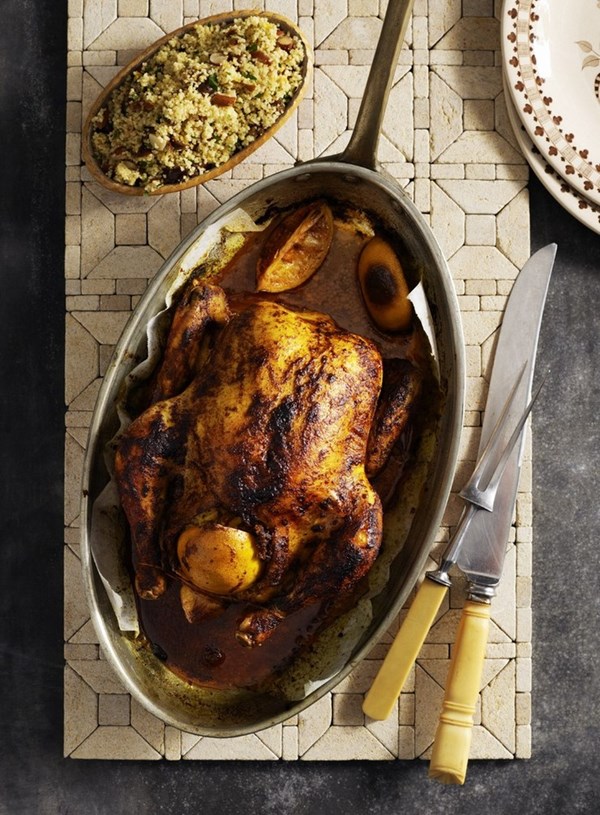 Moroccan roast chicken with couscous stuffing