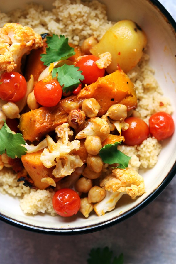 Moroccan roasted chickpeas and vegetables with couscous