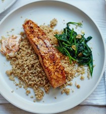 Moroccan salmon with cauliflower 'couscous' and garlic spinach