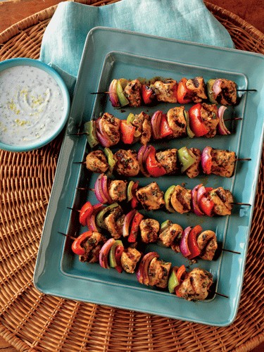 Moroccan-spiced chicken kabobs with lemon yogurt sauce