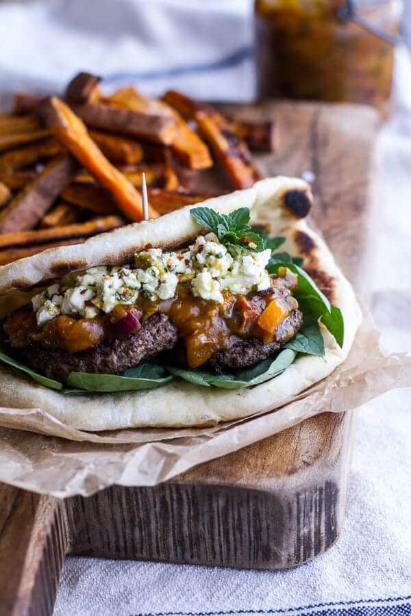 Moroccan spiced lamb burgers with apricot-pepper chutney + pistachio feta pesto