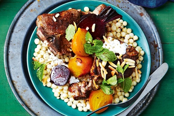 Moroccan spiced lamb chops with moghrabieh and roasted beetroot