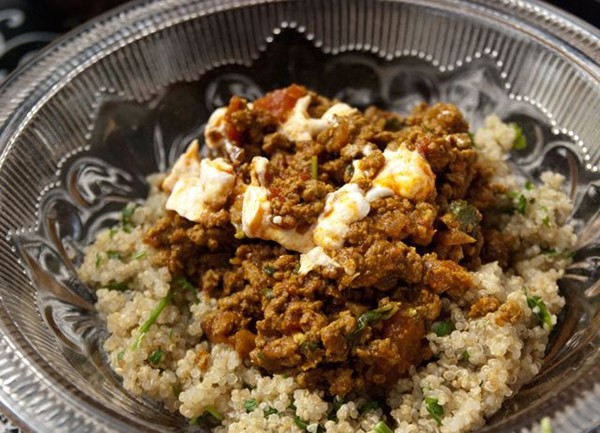 Moroccan-spiced Quorn mince with herb bulgur wheat and harissa yoghurt