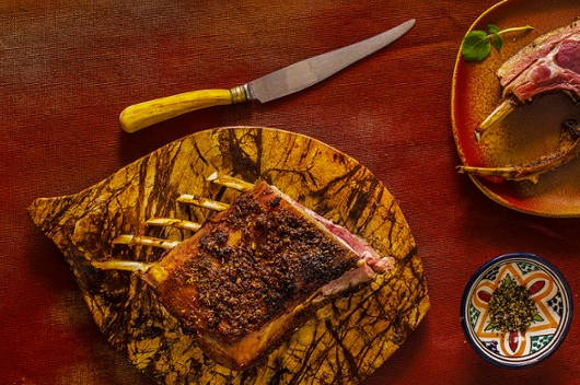 Moroccan-spiced rare-roasted rack lamb
