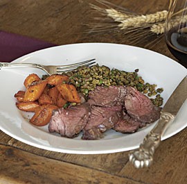 Moroccan-spiced roasted hanger steak with carrots and warm lentil salad