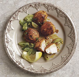 Moroccan-spiced seared scallops with green grape and lemon relish